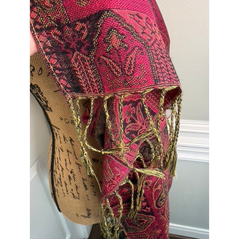 Magenta Paisley Pashmina Shawl Scarf Pink Red Olive Green Jacquard Fringe Wrap - Picture 3 of 4
